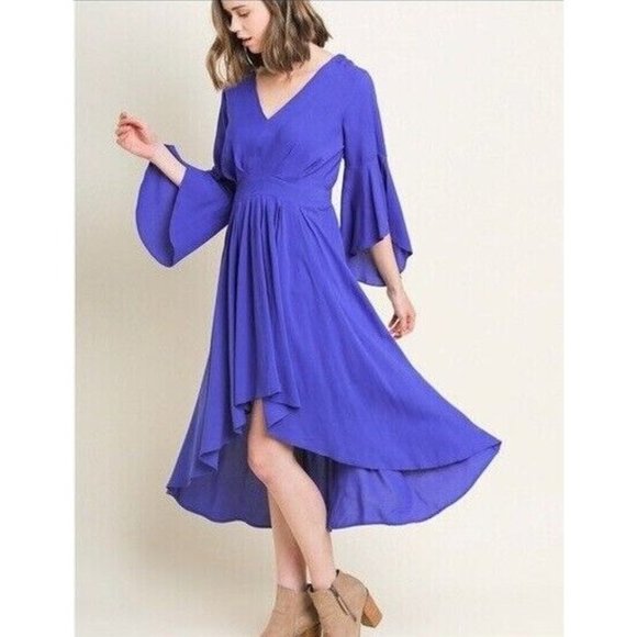 Umgee Dresses & Skirts - Umgee Dress Blue Ruffle Hi Lo Bell Sleeve V Neck Midi NWT